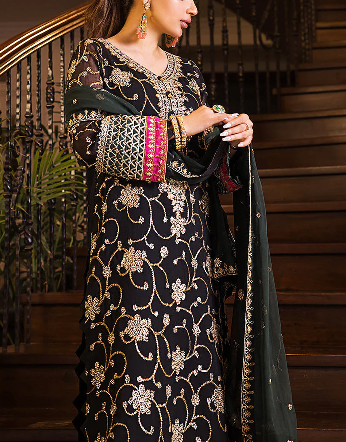 Heavy Embroidered Black Chiffon Wedding Dress