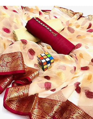 Banarsi Style Raw Silk Dress with Organza Jacquard Dupatta