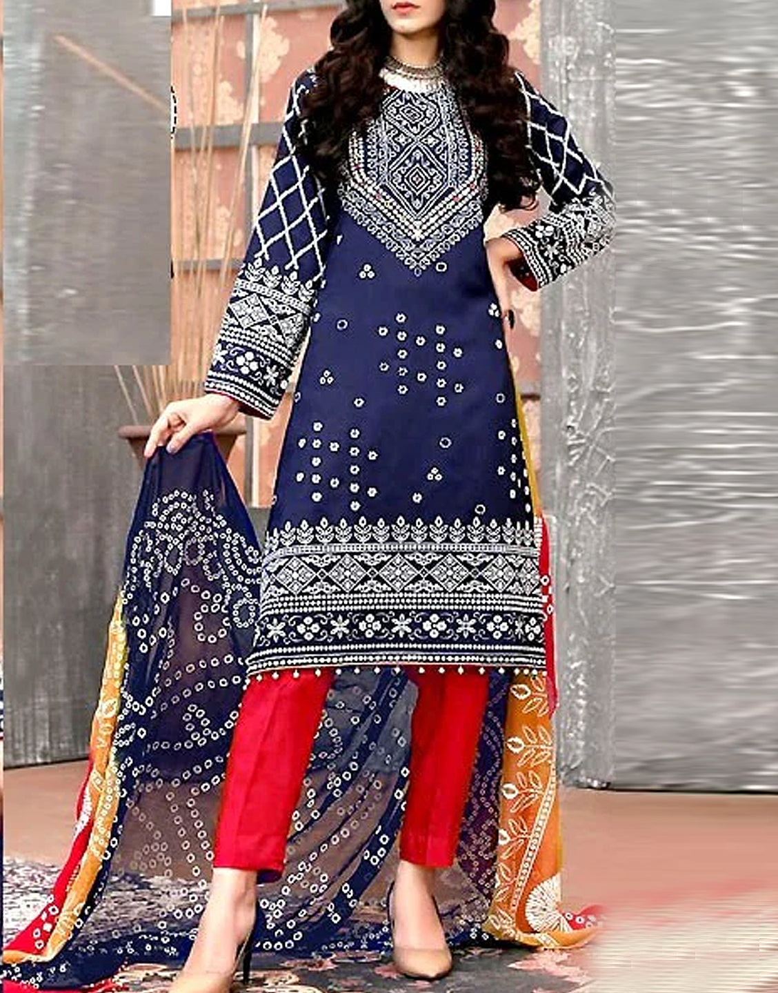 Embroidered Chunri Print Lawn Dress with Chiffon Dupatta Best Price Online in Pakistan Embroidered Chunri Print Lawn Dress with Chiffon Dupatta Best Price Online in Pakistan
