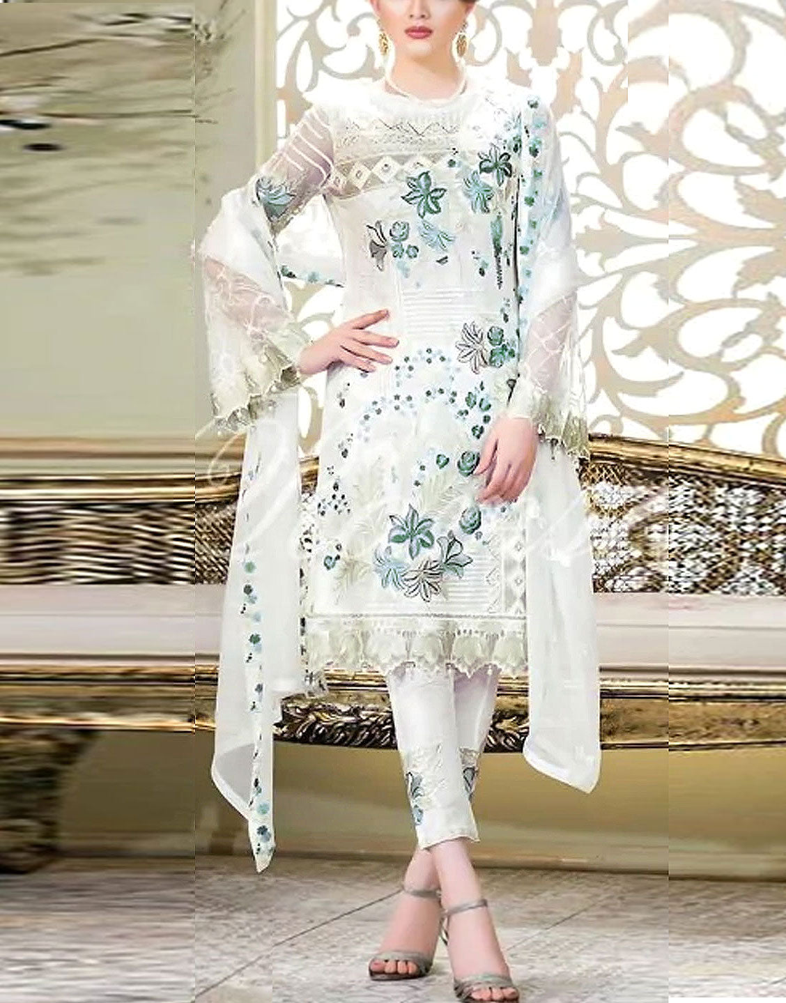 Heavy Embroidered Cotton Dress with Bamber Chiffon Dupatta