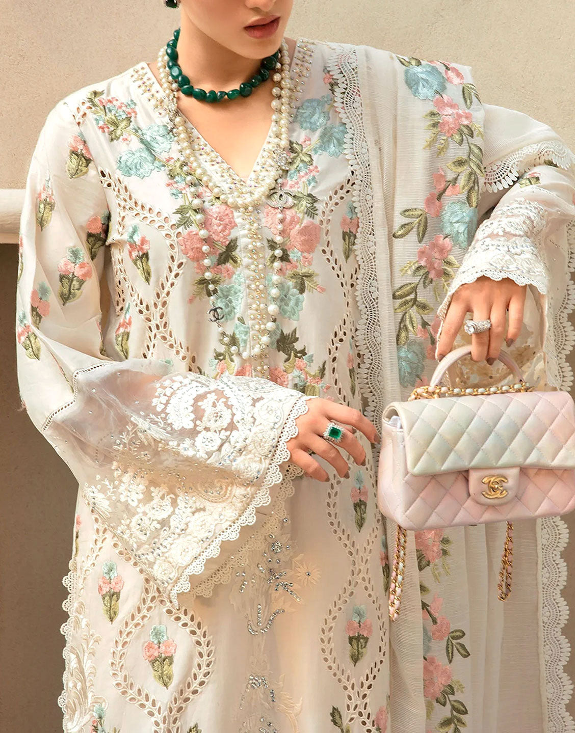 Luxury Schiffli Embroidered EID Lawn Suit with Embroidered Organza Dupatta