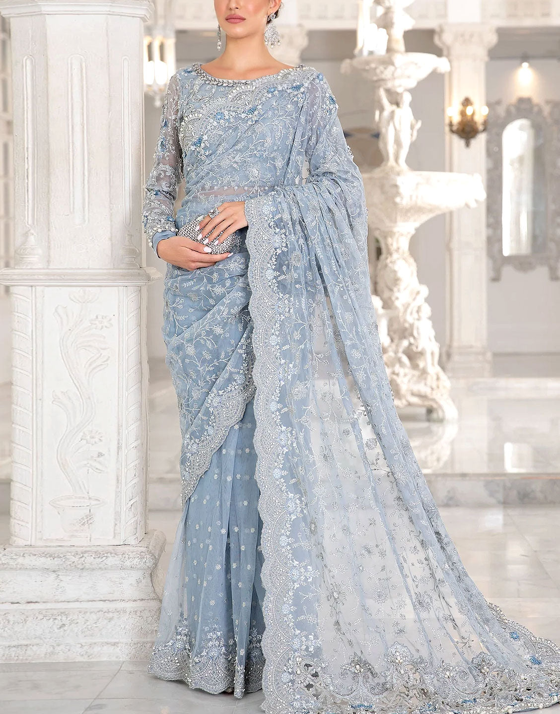 Handwork Heavy Embroidered Net Wedding Saree Dress 2024