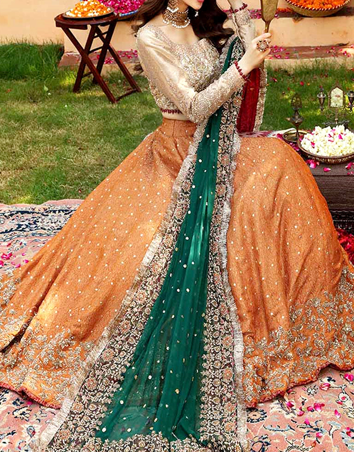 Heavy Embroidered Net Bridal Maxi Dress for Mehndi and Qawwali Functions