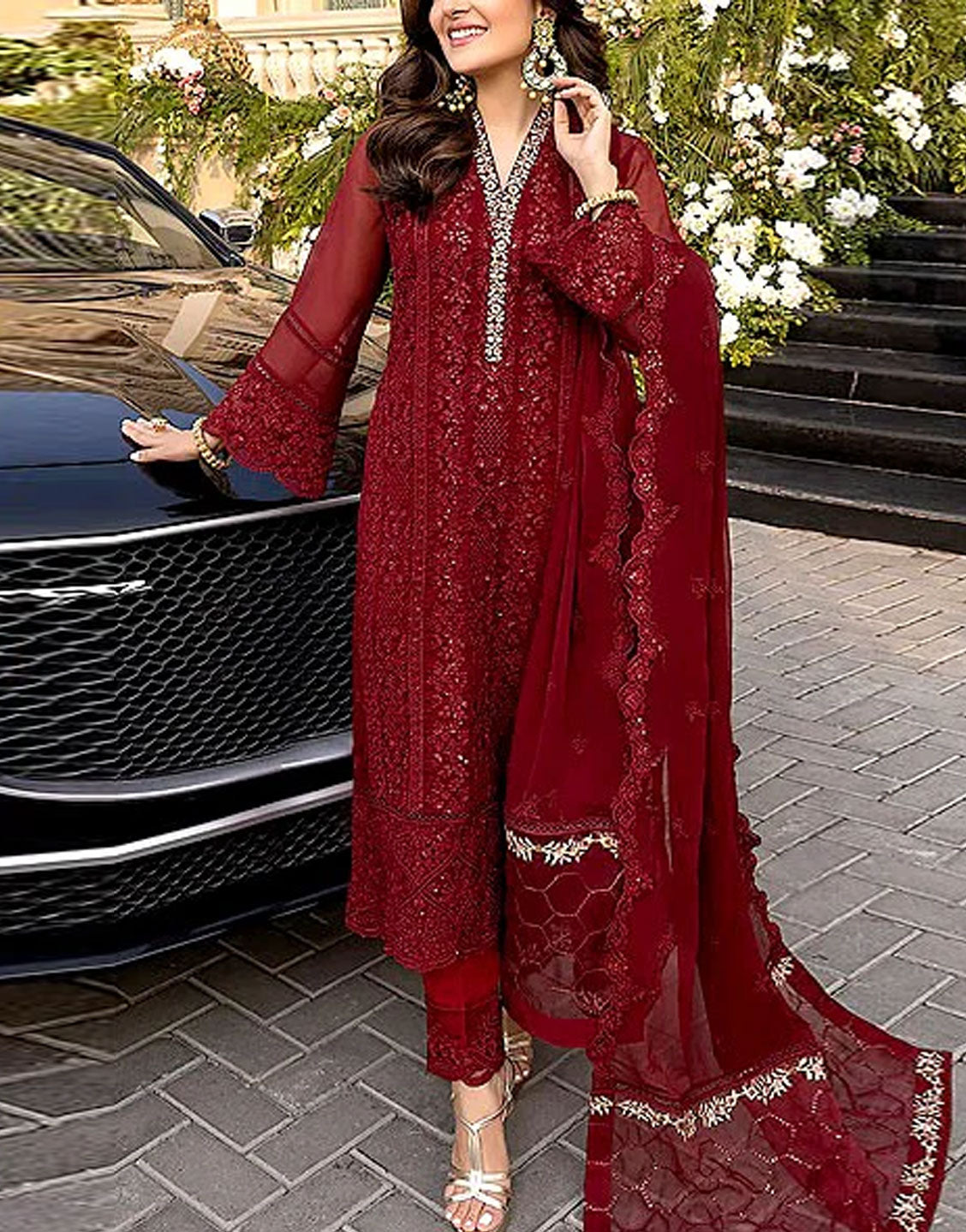 Heavy Embroidered Maroon Chiffon Wedding Dress 2024