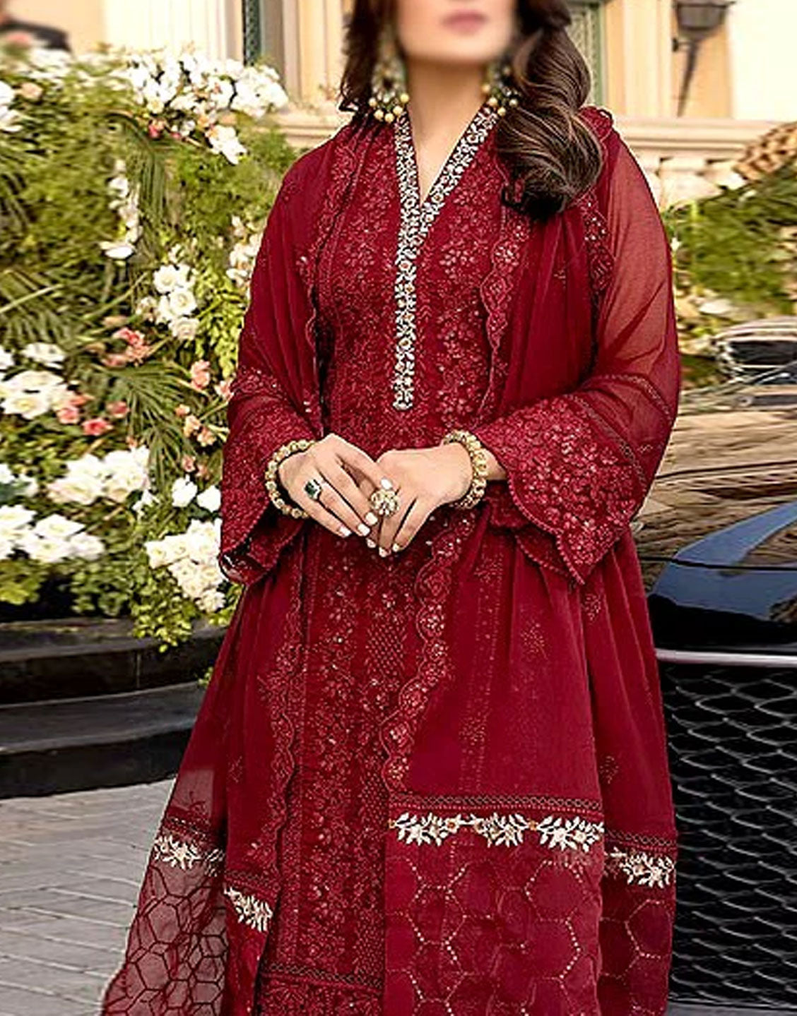 Heavy Embroidered Maroon Chiffon Wedding Dress