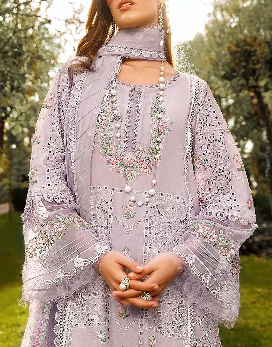 Luxury Schiffli Embroidered Lawn Dress with Digital Print Silk Dupatta