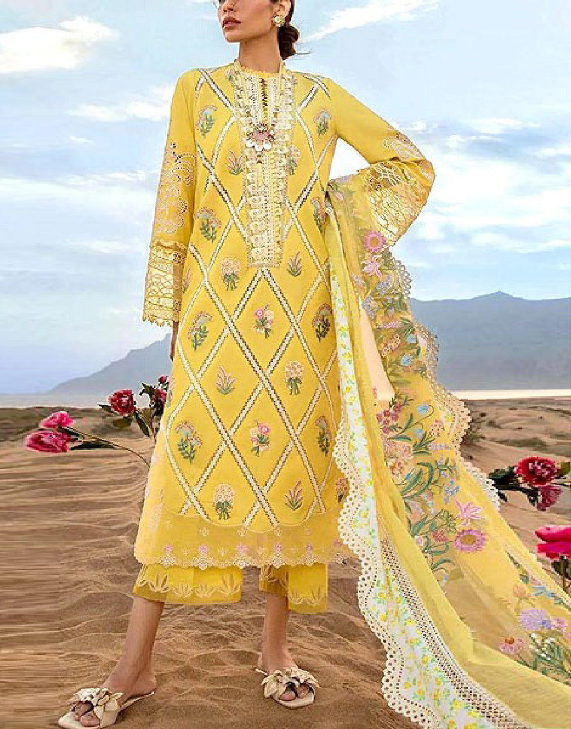 Luxury Schiffli Embroidered Lawn Dress with Embroidered Organza Dupatta