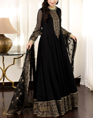 Elegant Embroidered Black Chiffon Maxi Dress with Embroidered Net Dupatta