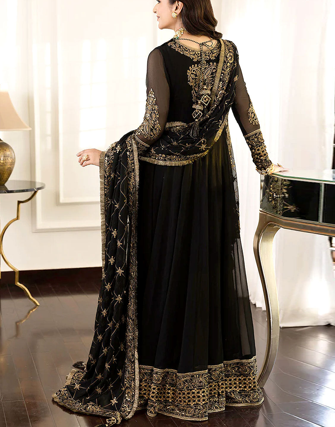 Elegant Embroidered Black Chiffon Maxi Dress with Embroidered Net Dupatta