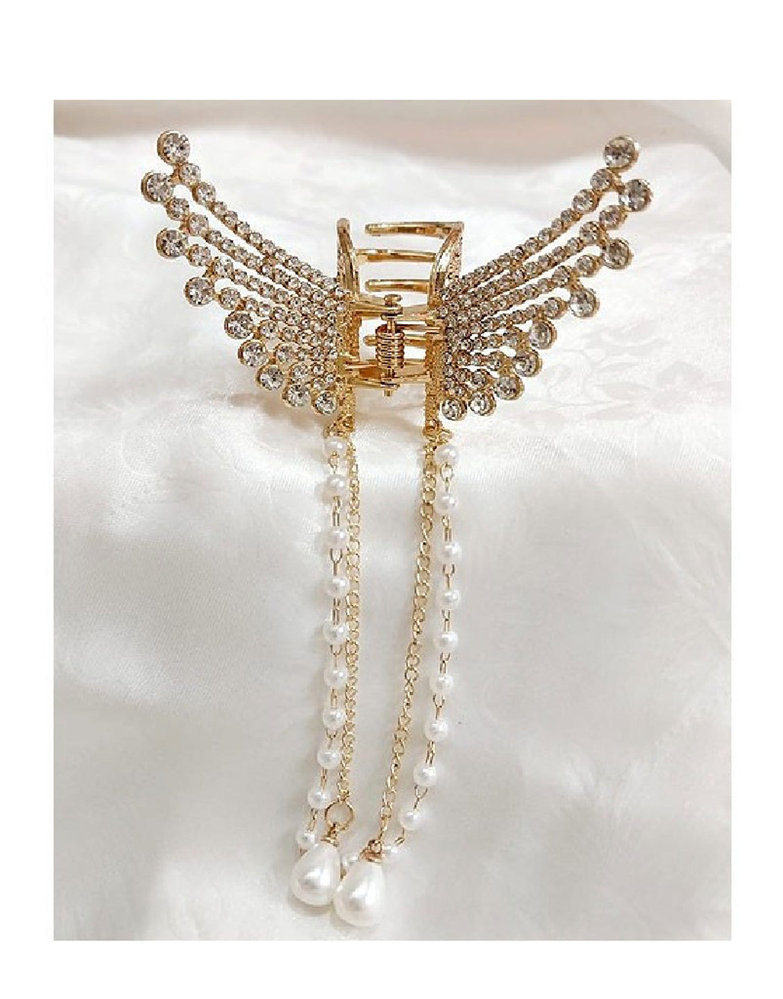 Rhinestone Pearl Angel Wings Design Hair Catcher - Golden