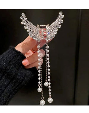 Rhinestone Pearl Angel Wings Design Hair Catcher - Silver
