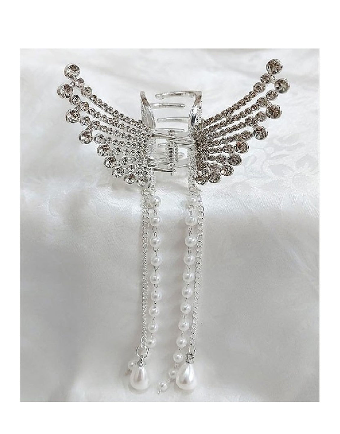 Rhinestone Pearl Angel Wings Design Hair Catcher - Silver