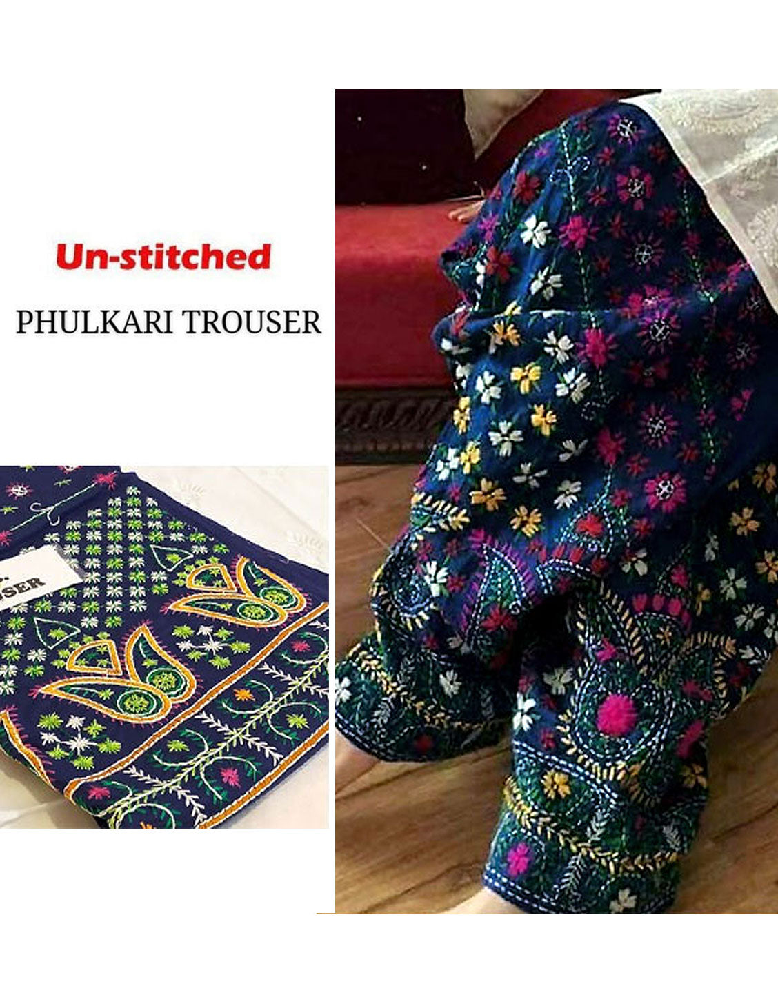 Unstitched Phulkari Embroidery Cotton Trouser Only