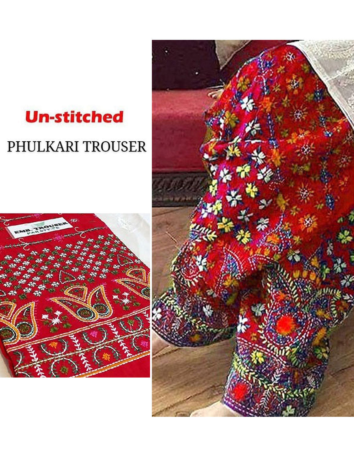Unstitched Phulkari Embroidery Cotton Trouser Only - Red