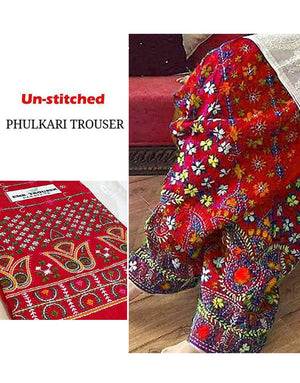 Unstitched Phulkari Embroidery Cotton Trouser Only - Red