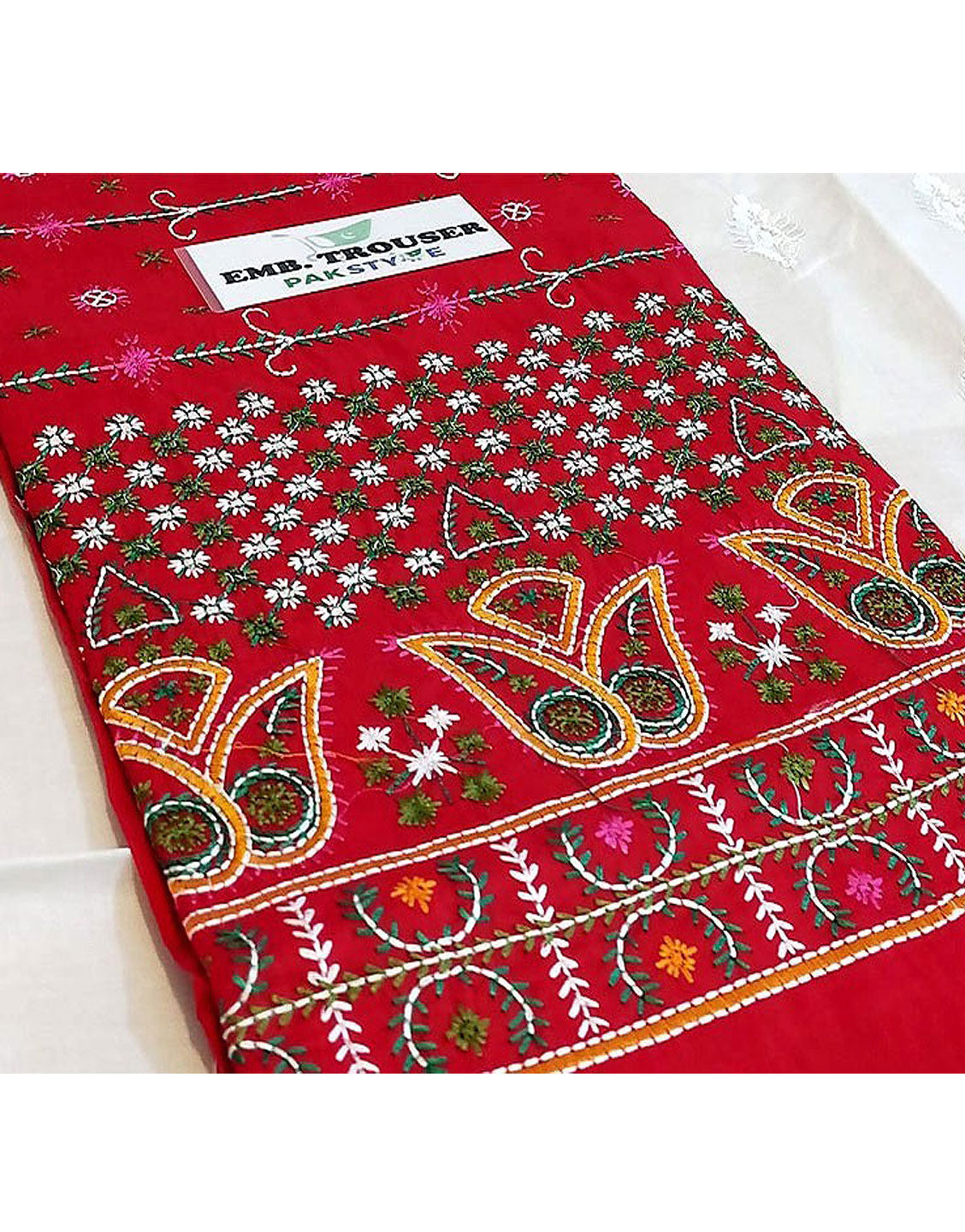 Unstitched Phulkari Embroidery Cotton Trouser Only - Red