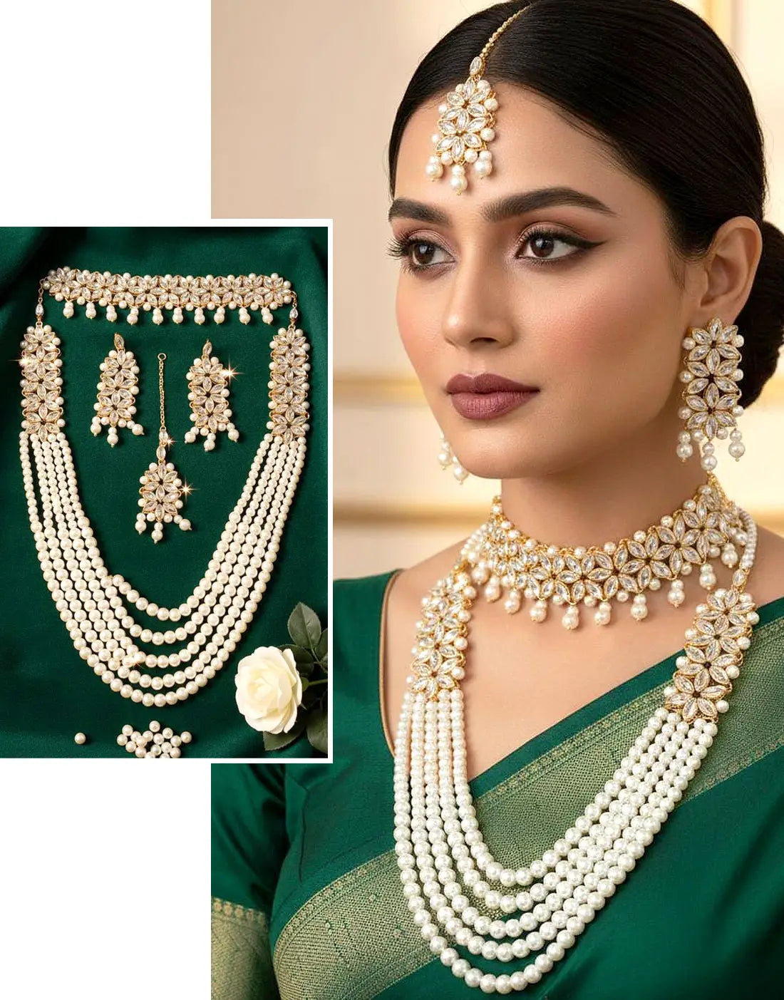 Bridal Long Mala Set with Heavy Choker, Earrings and Tikka