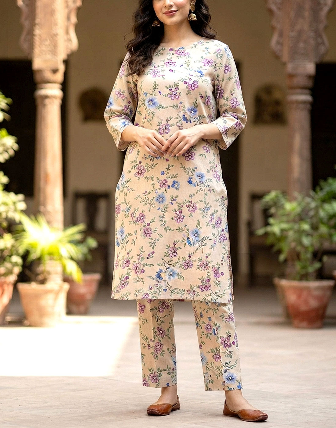 Digital All-Over Print 2-Piece Linen Winter Dress for Girls