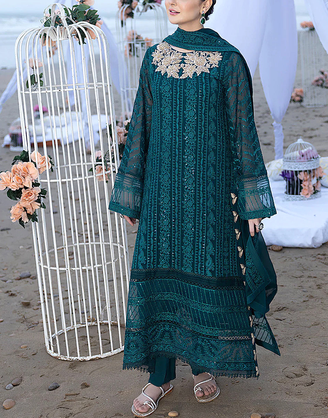 Heavy Embroidered Chiffon Party Wear Dress 2024