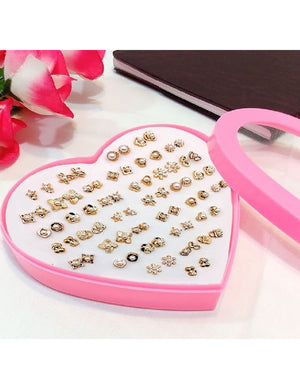 36 Pairs Golden Stud Earrings Set for Girls with Heart Shape Gift Packing
