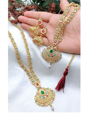 Indian Rajwadi Jewellery Set with Mala, Necklace & Jhumkis