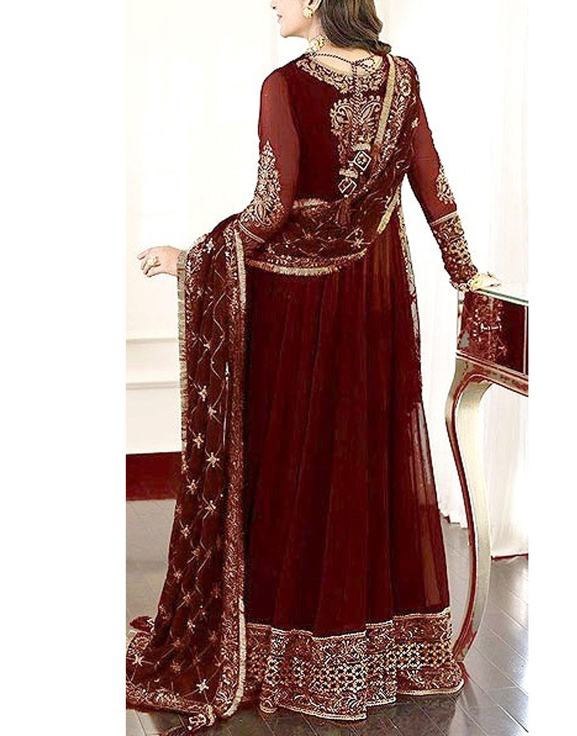 Embroidered Maroon Chiffon Maxi Dress with Embroidered Net Dupatta