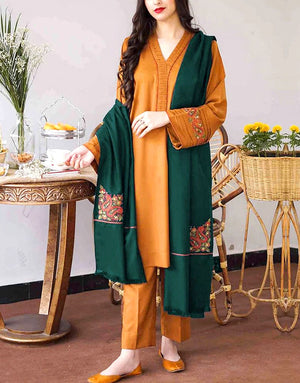Decent Embroidered Dhanak Dress with Dhanak Shawl Dupatta
