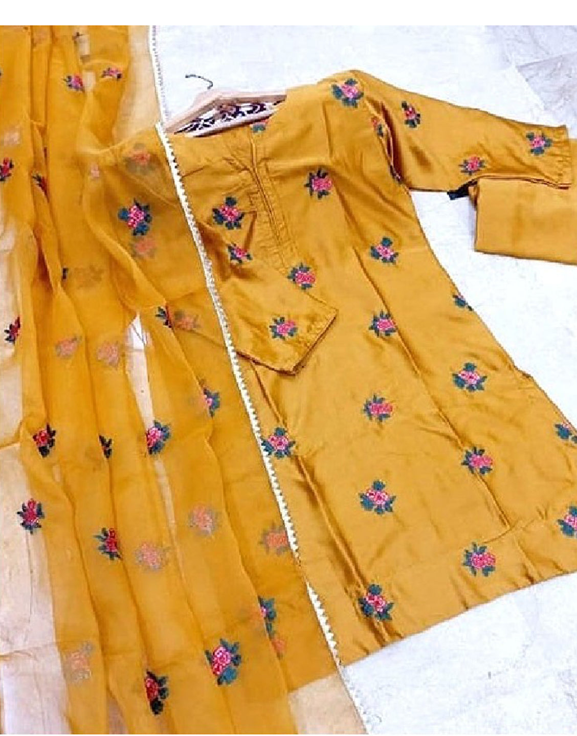 Readymade 3-Piece Embroidered Shamoz Silk Dress with Emb. Organza Dupatta