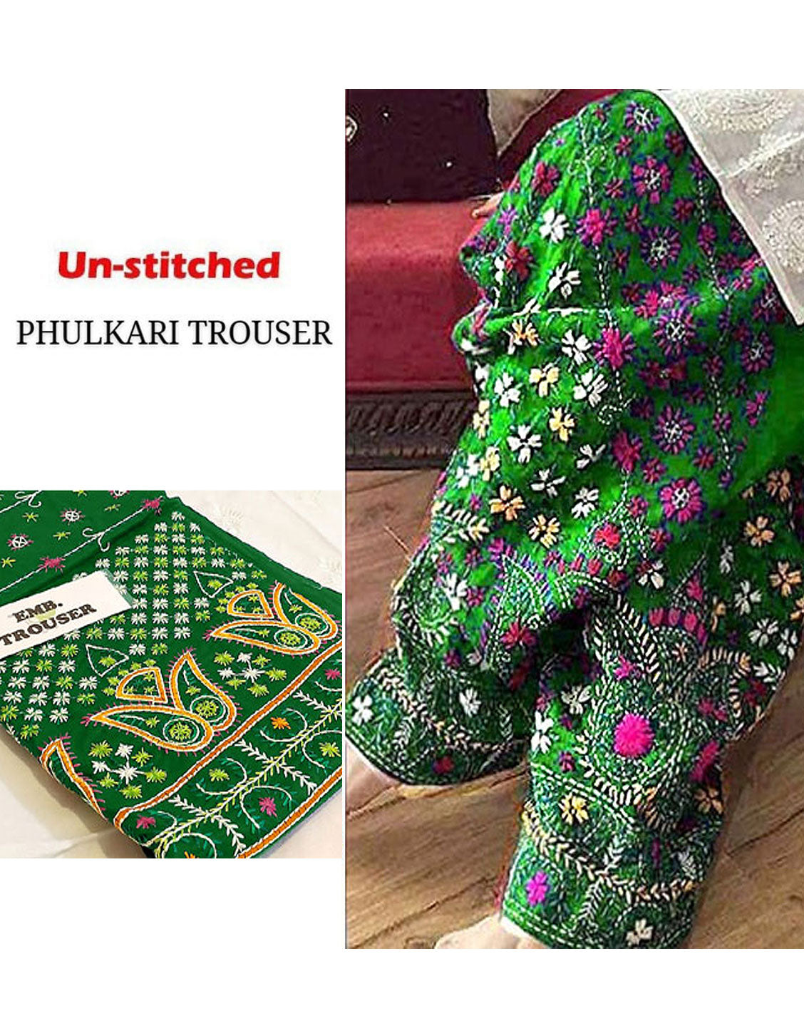 Unstitched Phulkari Embroidery Cotton Trouser Only - Green
