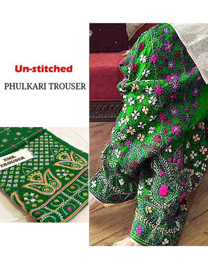 Unstitched Phulkari Embroidery Cotton Trouser Only - Green