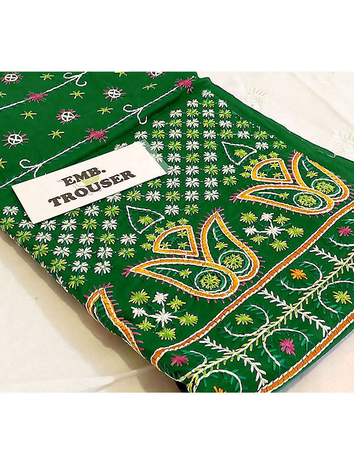 Unstitched Phulkari Embroidery Cotton Trouser Only - Green