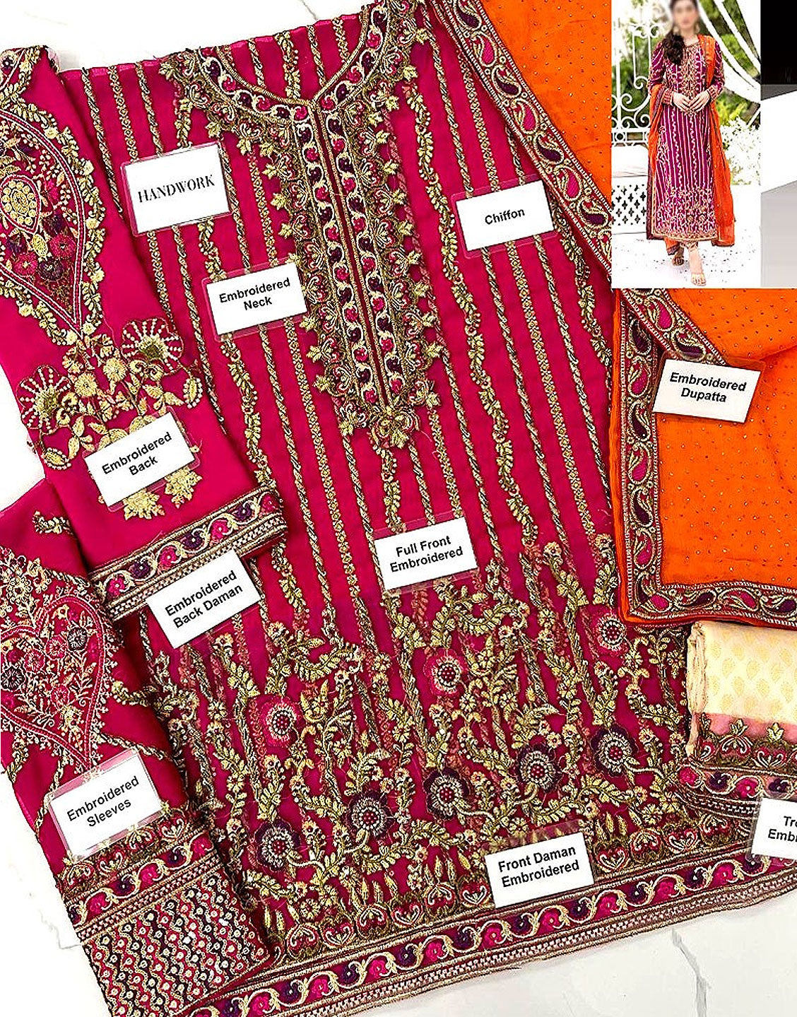 Luxury Embroidered Red Chiffon Wedding Dress