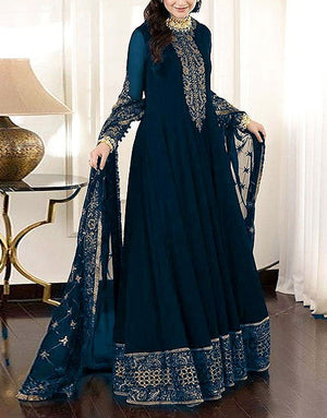 Elegant Embroidered Blue Chiffon Maxi Dress with Embroidered Net Dupatta