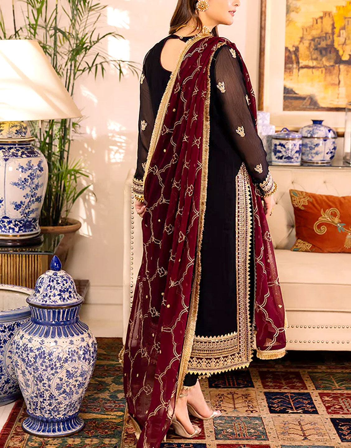 Elegant Embroidered Black Chiffon Party Wear Dress