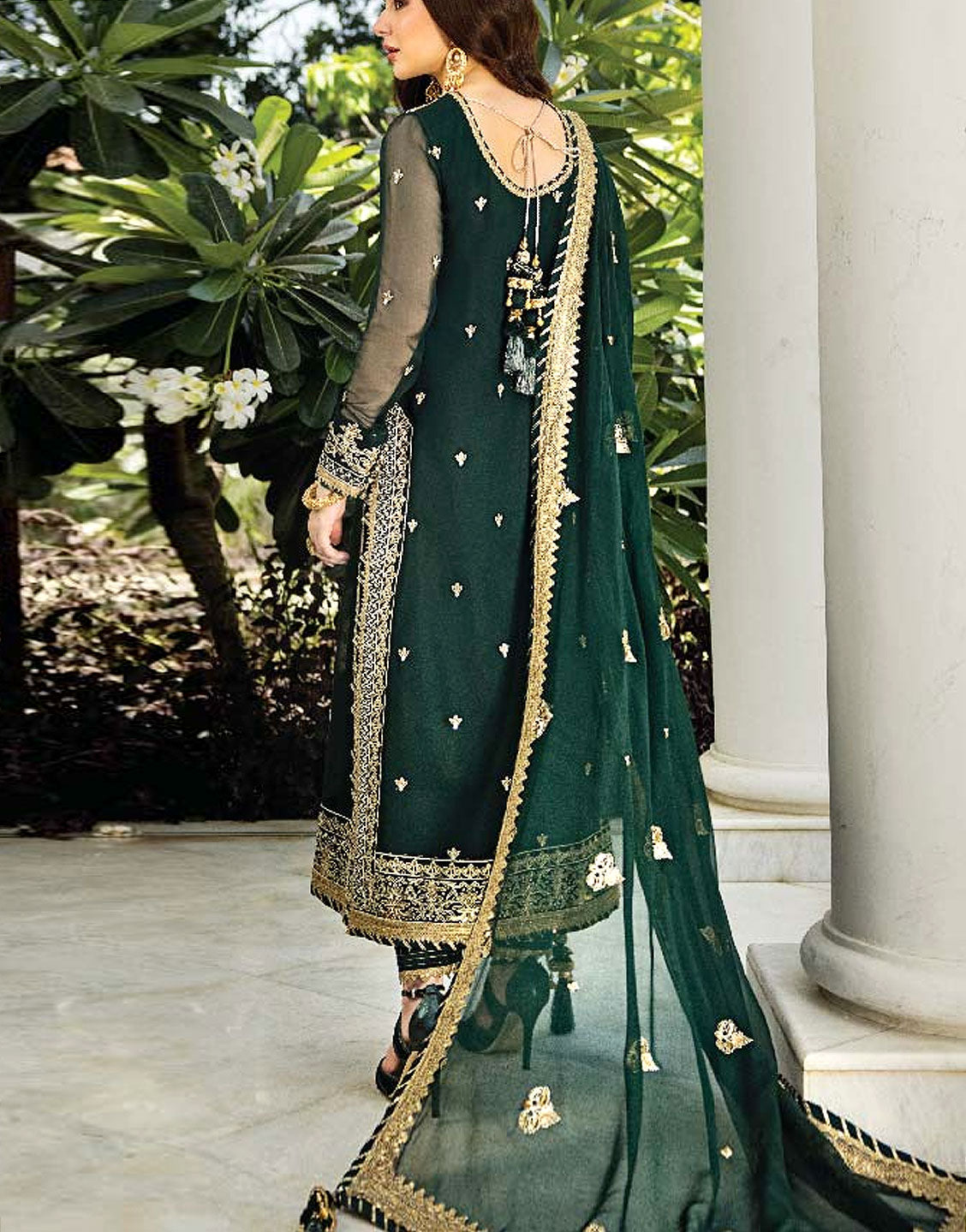 Graceful Embroidered Emerald Green Mehndi Chiffon Dress – Festive & Wedding Wear
