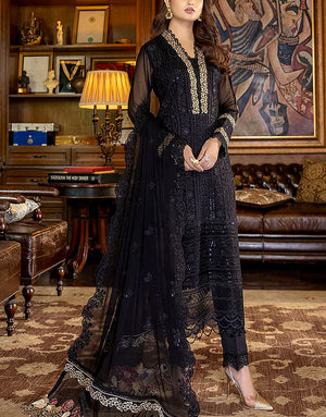 Heavy Embroidered Black Chiffon Wedding Dress