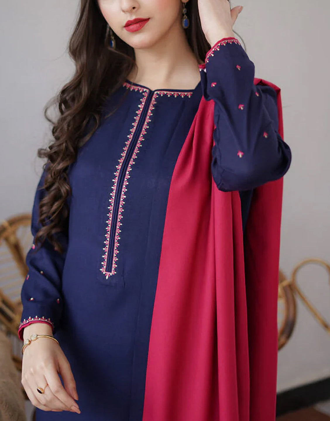Decent Embroidered Dhanak Dress with Dhanak Shawl Dupatta