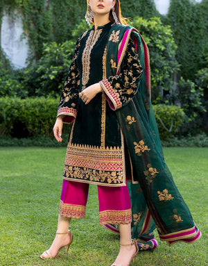 Luxury Embroidered Green Velvet Dress with Emb. Organza Dupatta
