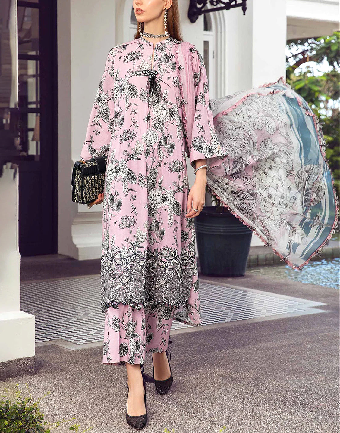 Digital Print Embroidered Swiss Lawn Dress with Silk Dupatta