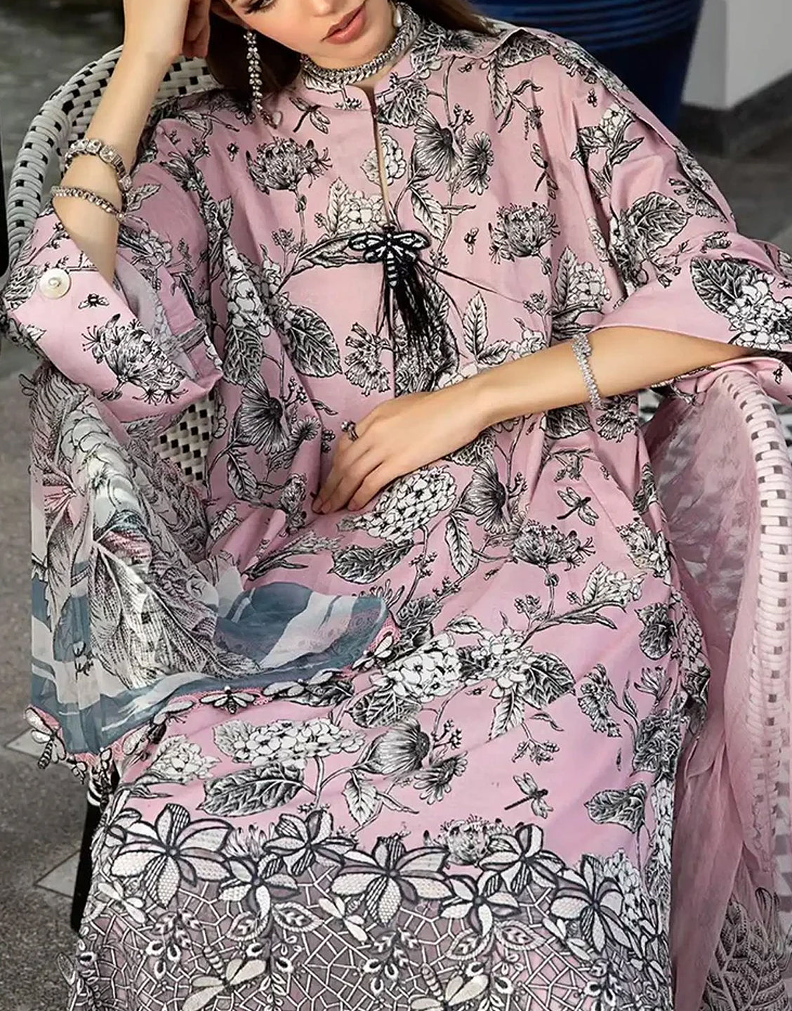 Digital Print Embroidered Swiss Lawn Dress with Silk Dupatta