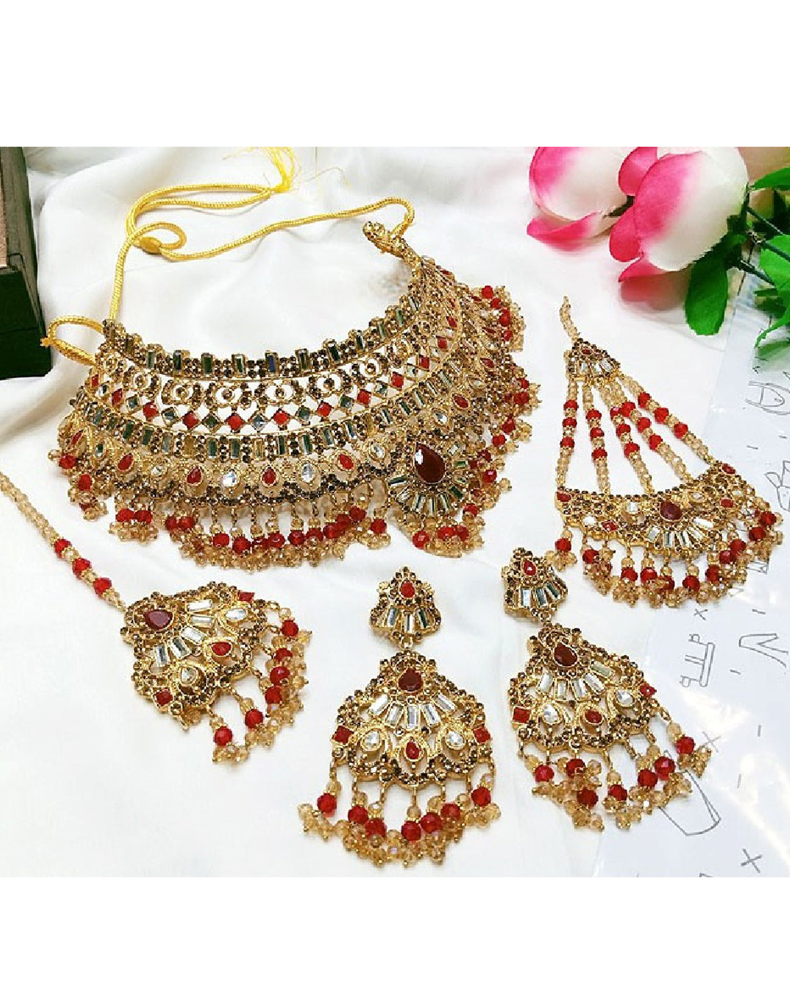 Bridal Collar Choker Necklace Set with Earrings, Jhumar and Maang Teeka
