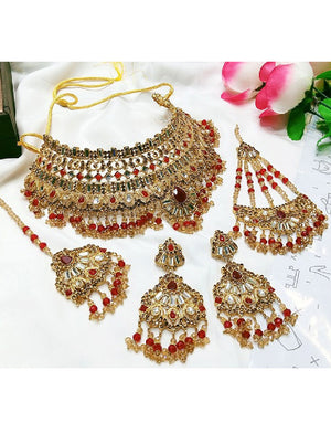 Bridal Collar Choker Necklace Set with Earrings, Jhumar and Maang Teeka