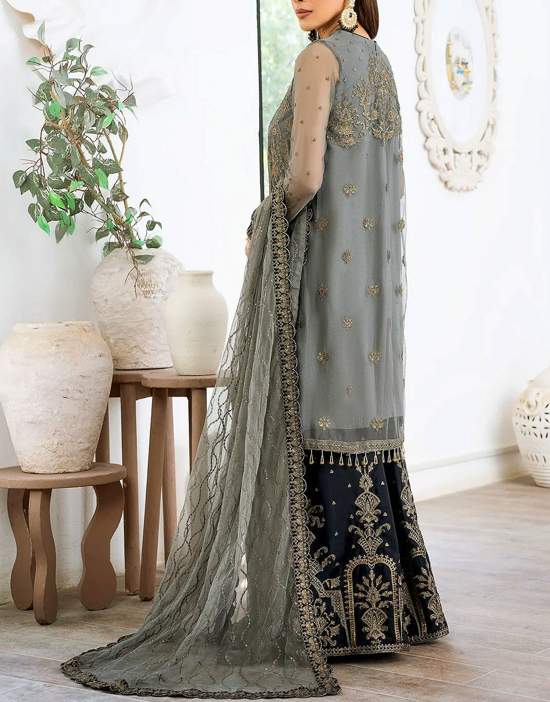 Luxury Heavy Embroidered Net Wedding Dress with Emb. Silk Trouser