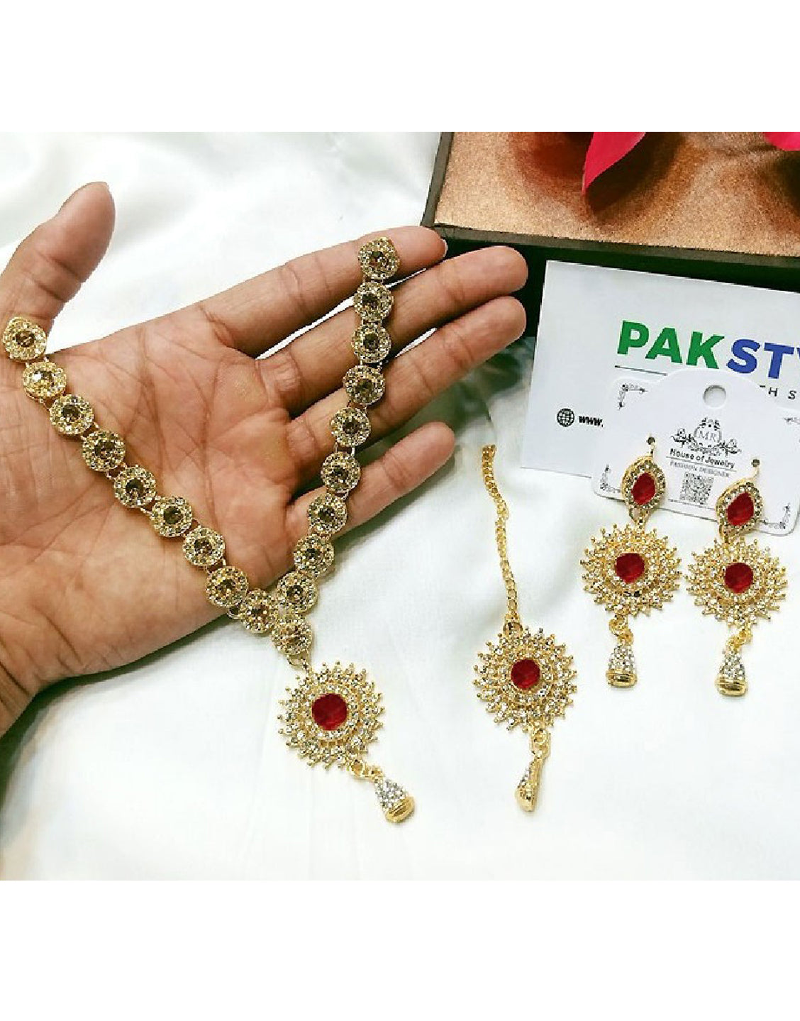 Elegant Maroon Stone Jewelry Set with Earrings & Tikka