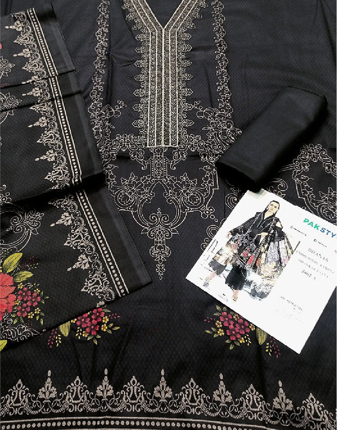 Embroidered Black Dhanak Dress with Dhanak Shawl Dupatta