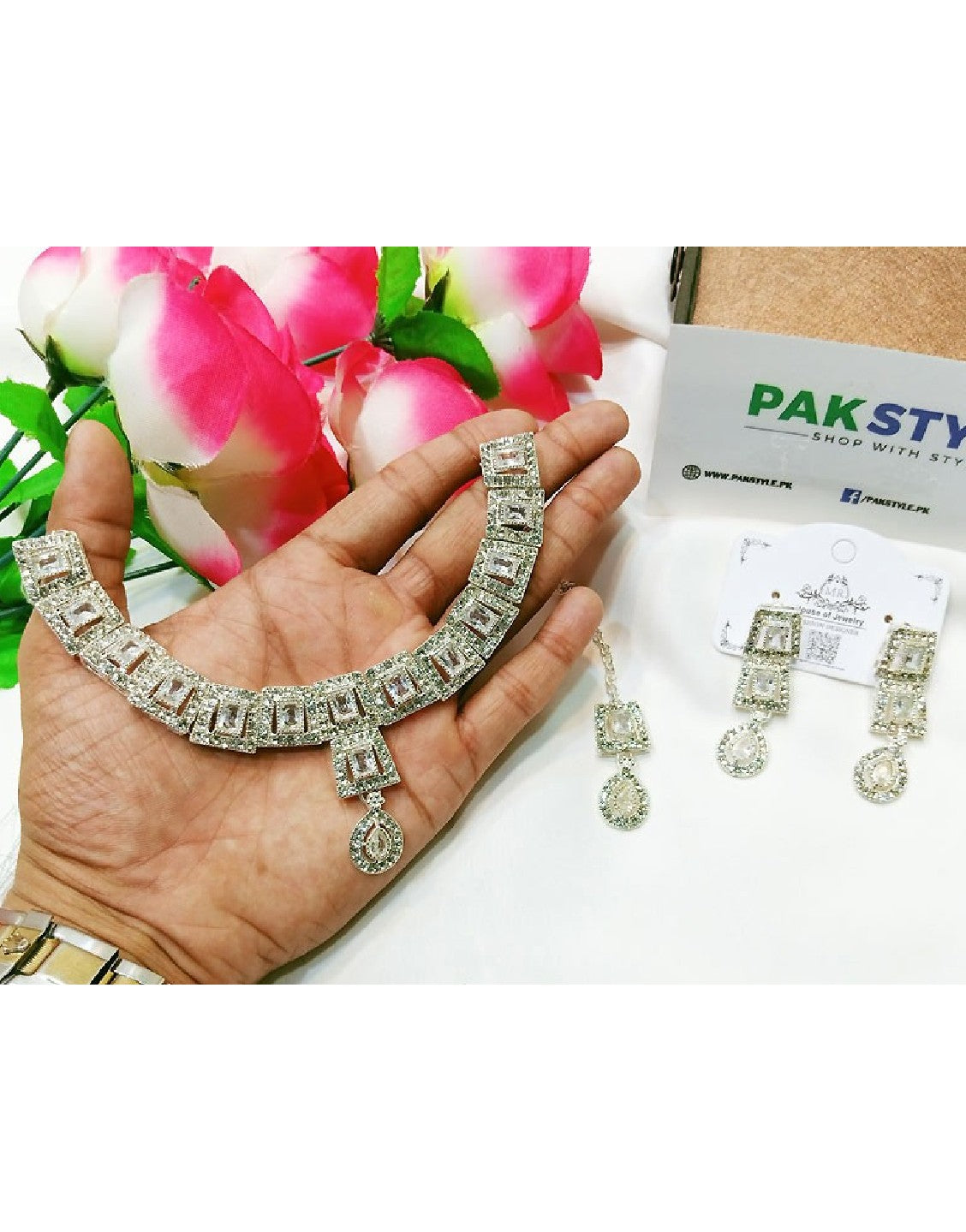 Indian Style Zircon Studded Silver Party Wear Jewellery Set