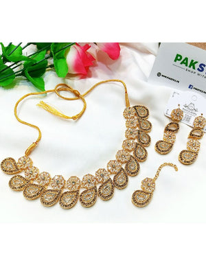 Indian Style Zircon Studded Party Wear Jewellery Set with Earrings & Tikka