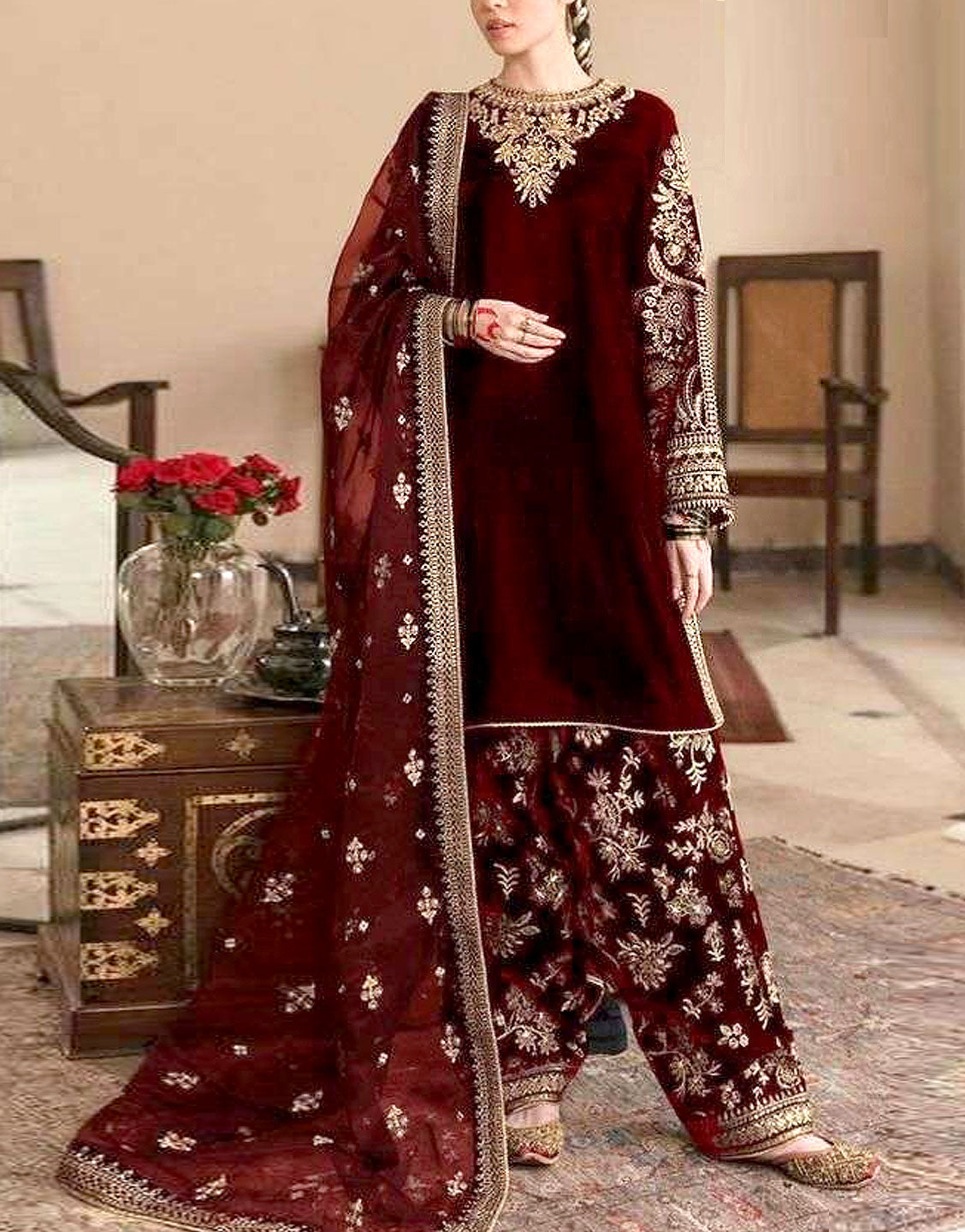 Luxury Embroidered Maroon Velvet Wedding Dress