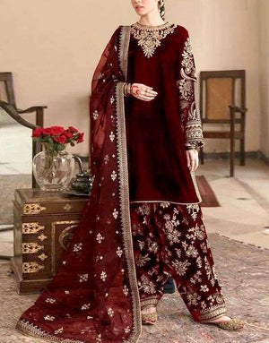 Luxury Embroidered Maroon Velvet Wedding Dress