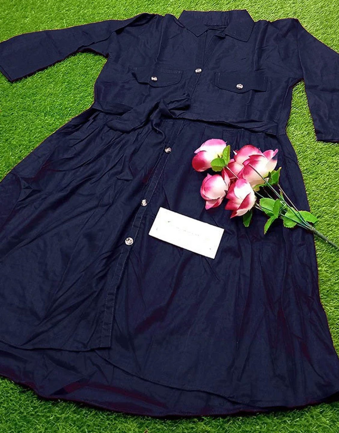 Readymade Linen Shirt for Girls - Navy Blue